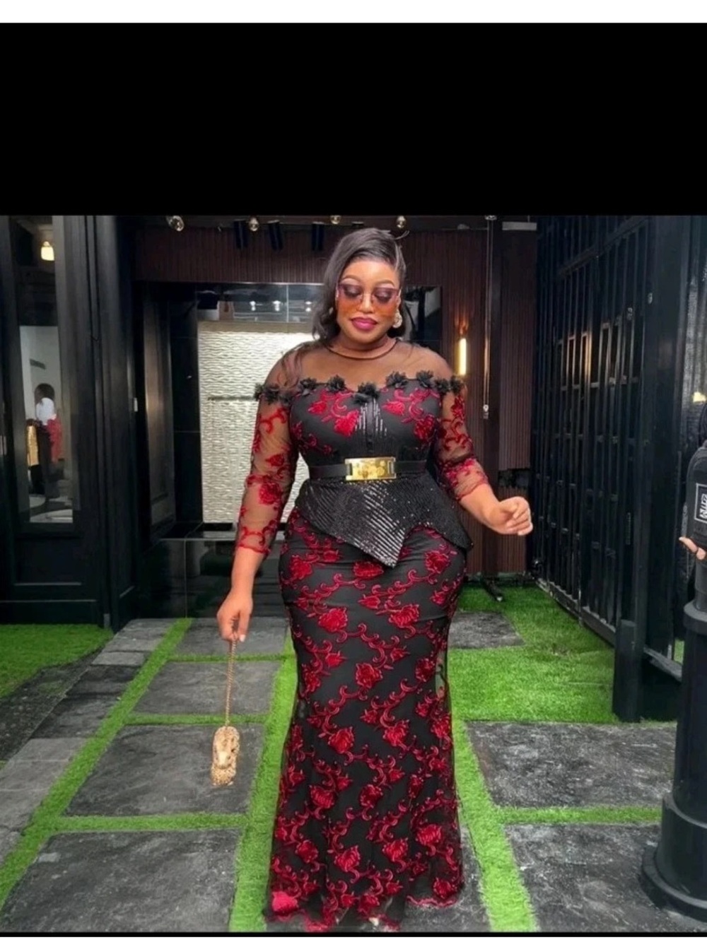 Black & Red Lace Peplum Evening Gown
